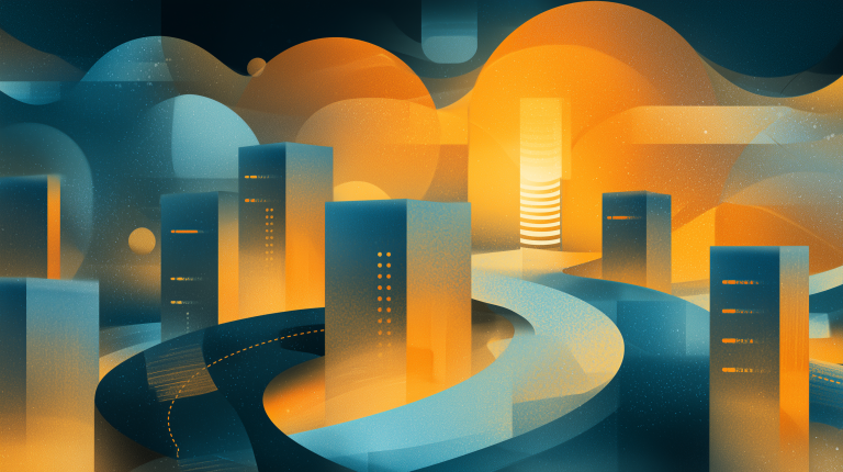 Editorial 2D illustration of glowing power grid cityscape for Nvidia and OpenAI data centers