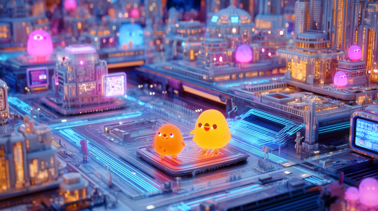 Pixar-style 3D render of glowing digital city with computer virus mascots