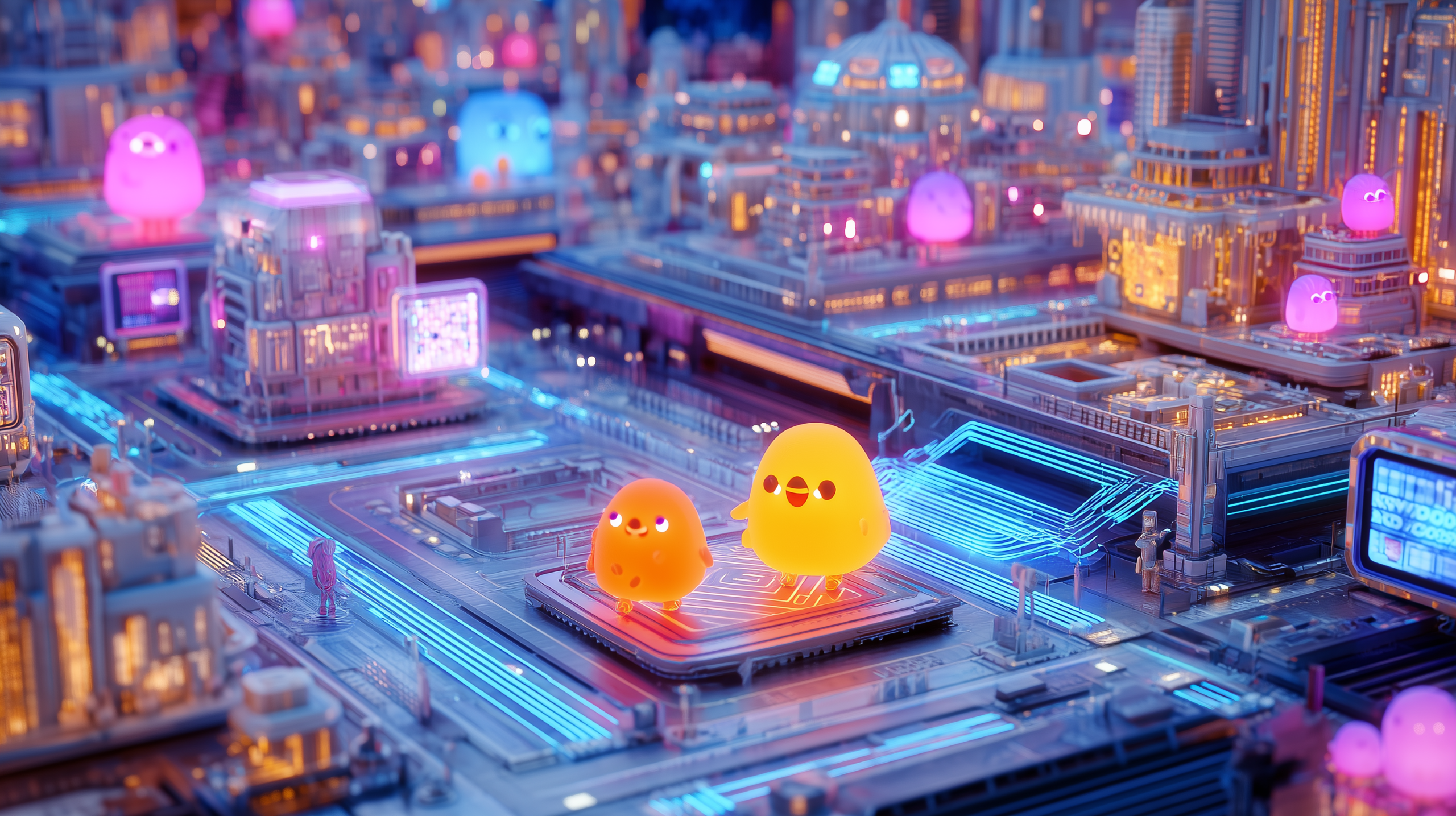Pixar-style 3D render of glowing digital city with computer virus mascots