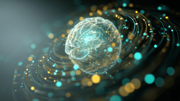 Digital brain surrounded by glowing data spirals representing the ChatGPT Spiral concept.