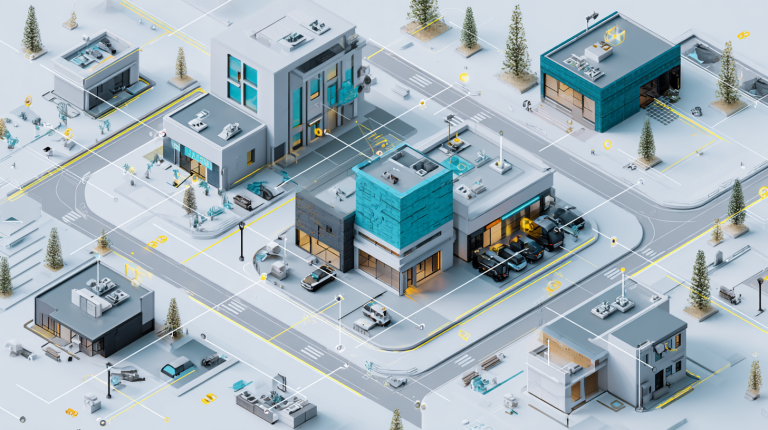 Modern isometric illustration of small businesses connected through a digital commercial security camera network