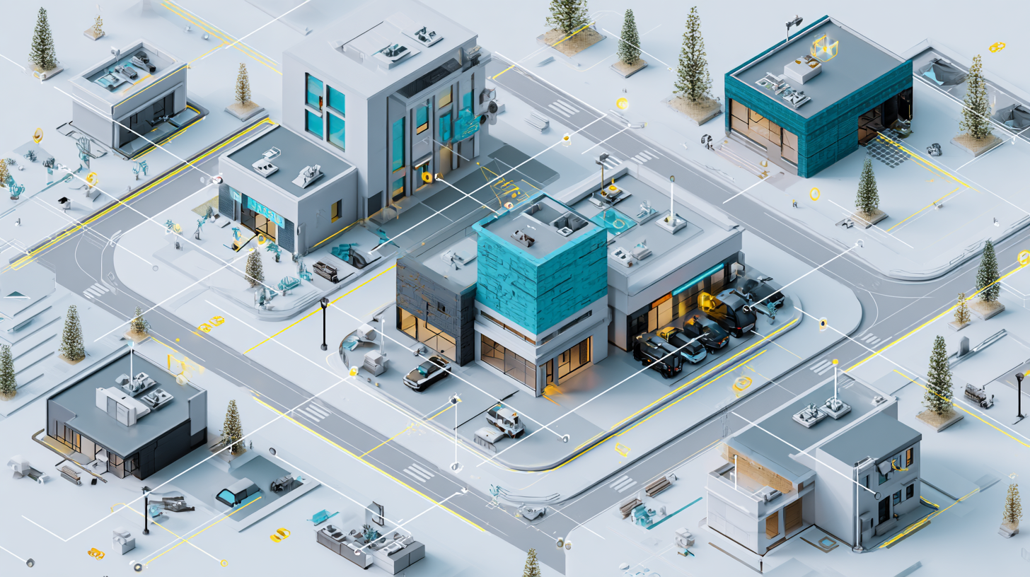 Modern isometric illustration of small businesses connected through a digital commercial security camera network
