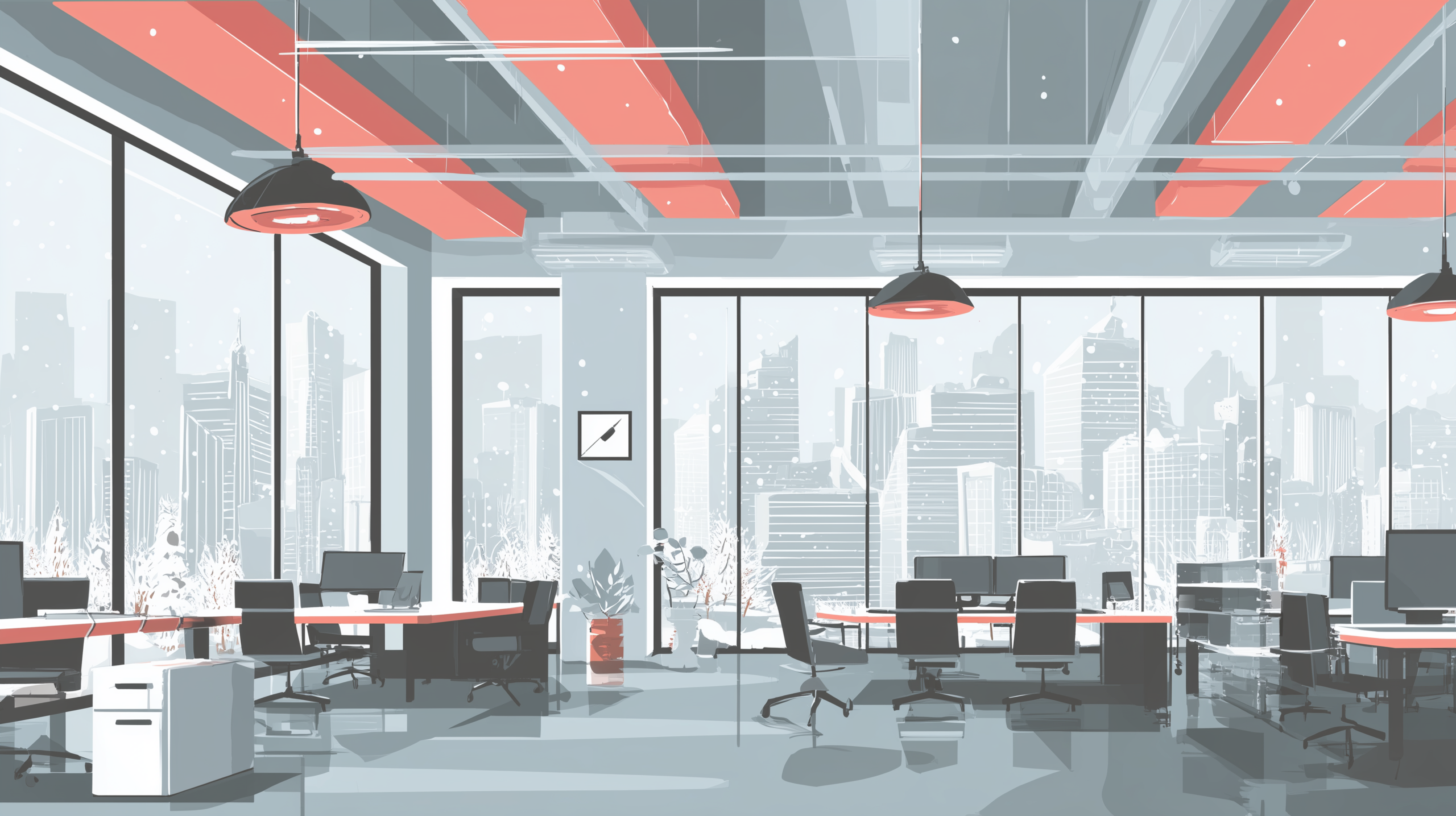 Business Wi-Fi Milwaukee office with ceiling access points, tidy cabling, and winter skyline view