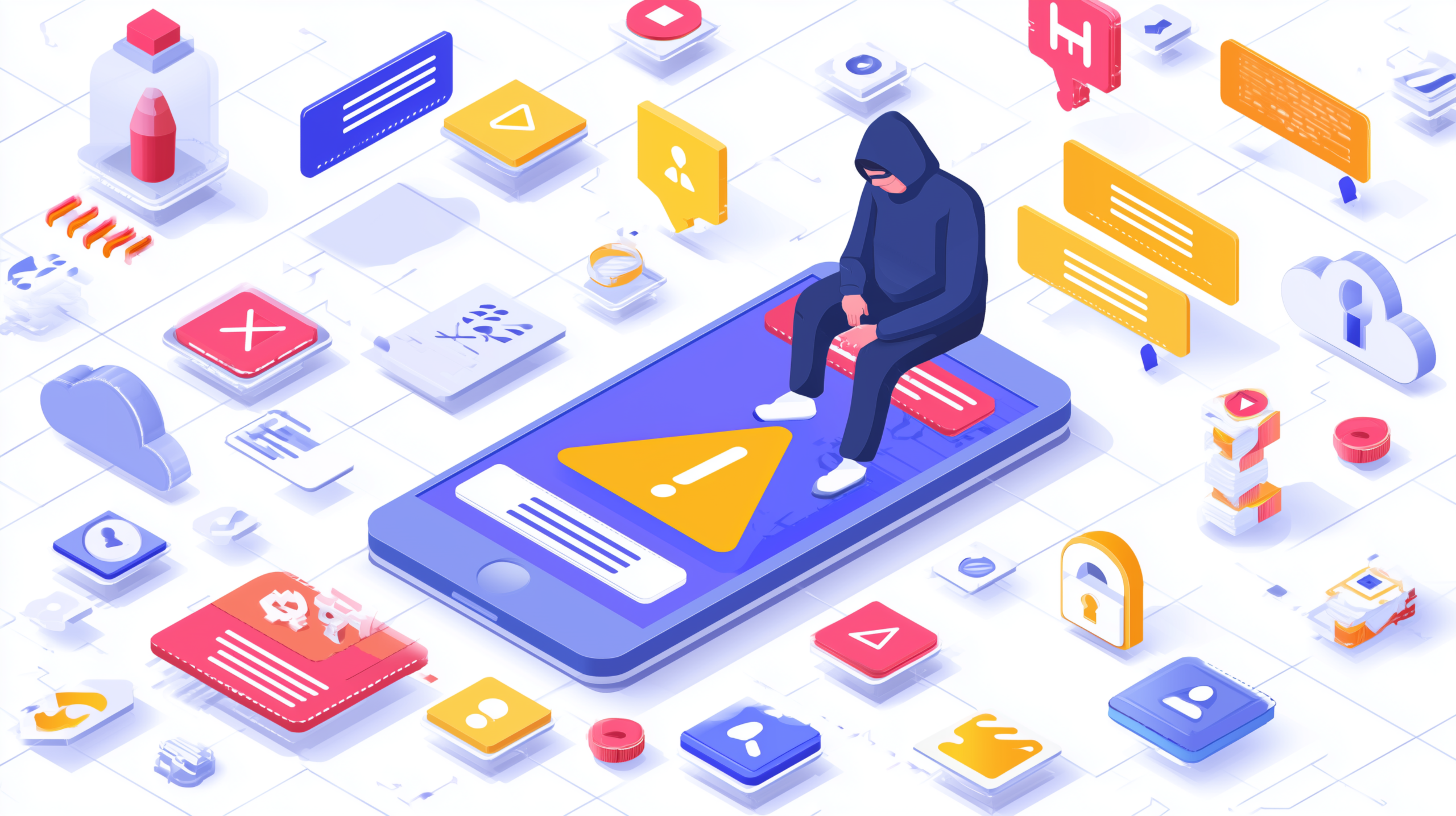 Flat 2D illustration of a hacker sitting on a phone screen filled with warning notifications representing an MFA fatigue attack.