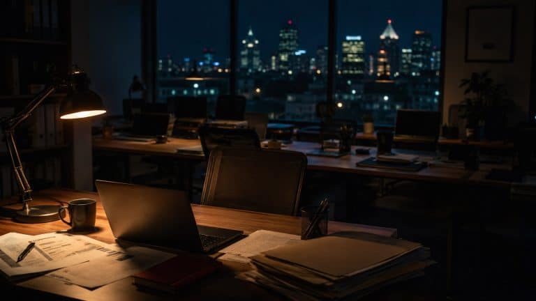 An empty small business office at night with a single desk lamp illuminating an unattended workstation, illustrating the aftermath of a cybersecurity incident in Milwaukee.