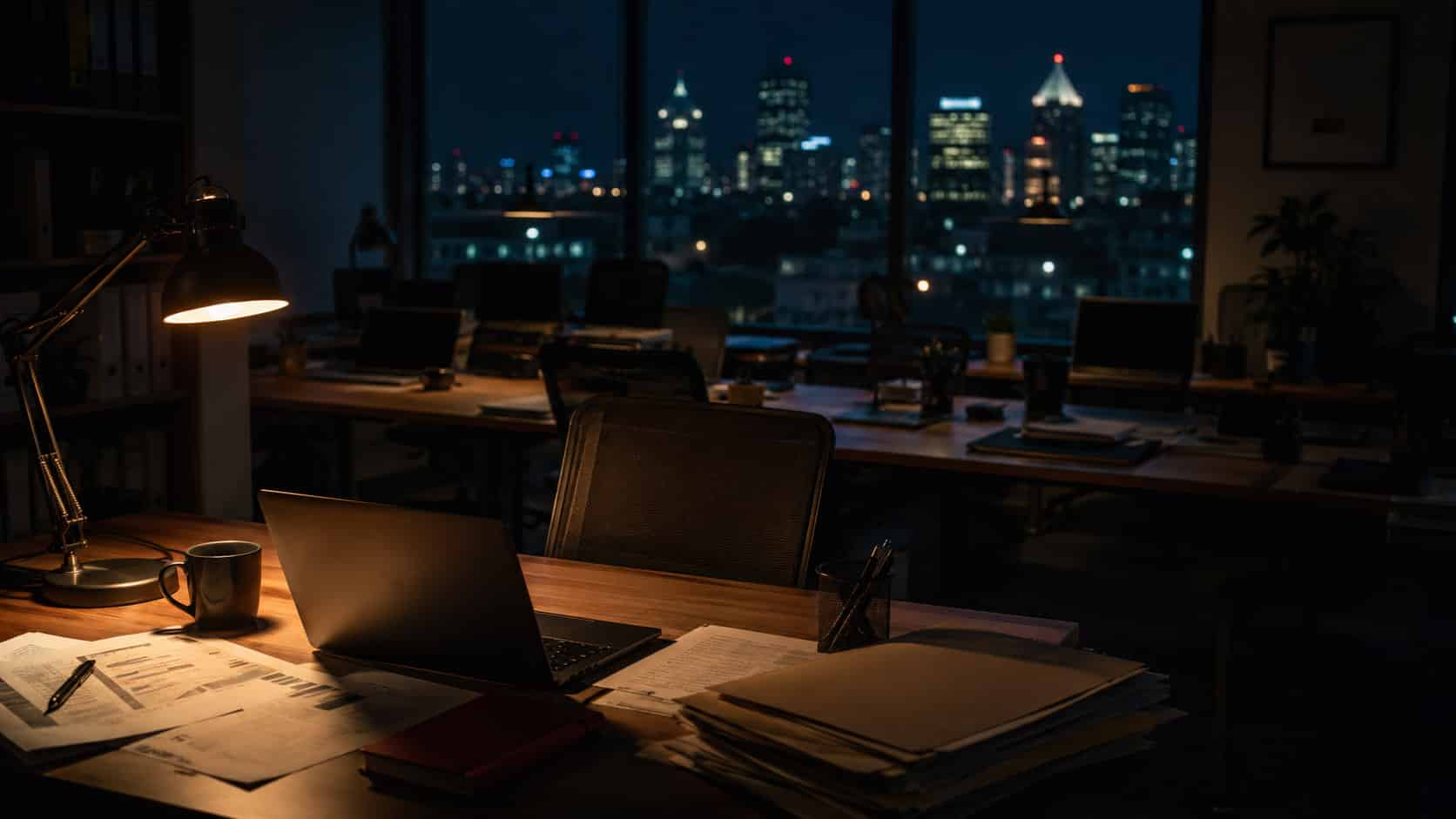 An empty small business office at night with a single desk lamp illuminating an unattended workstation, illustrating the aftermath of a cybersecurity incident in Milwaukee.