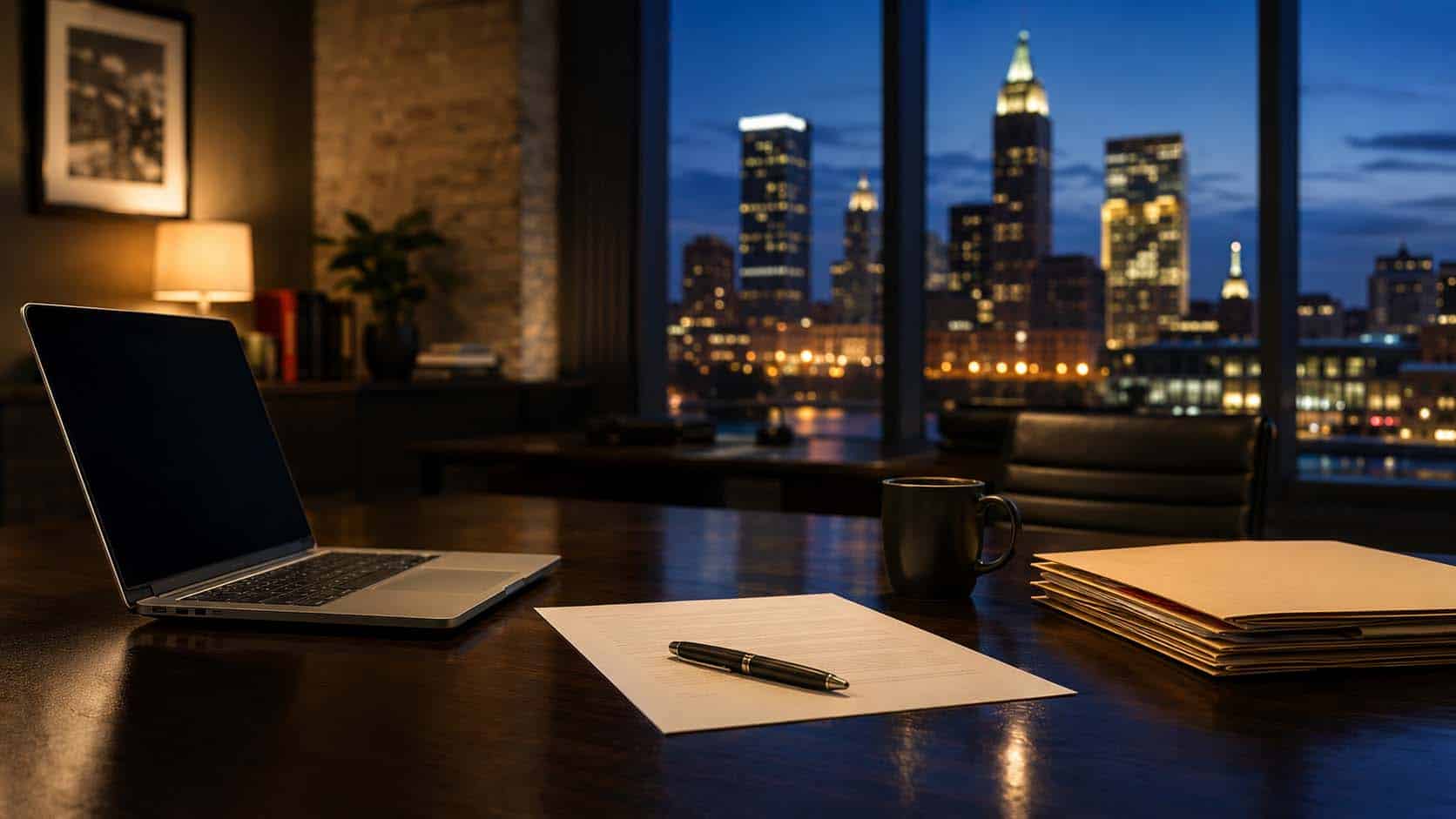 A conference table with an open laptop and a printed managed IT services contract in a Milwaukee office at dusk, with the city skyline visible through the window.