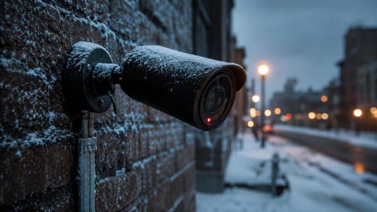 A professionally installed outdoor security camera mounted on the brick exterior of a Milwaukee commercial building during winter, dusted with light snow.