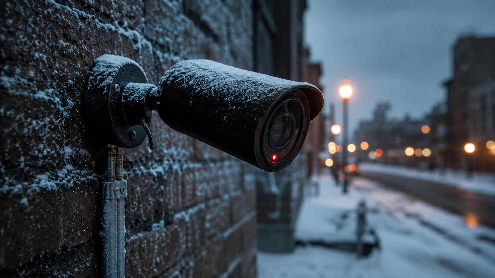 A professionally installed outdoor security camera mounted on the brick exterior of a Milwaukee commercial building during winter, dusted with light snow.
